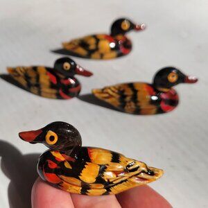 Set of 4 Mandarin Duck Figurine, Chopstick Rests Hand Painted Glazed  Wood Resin